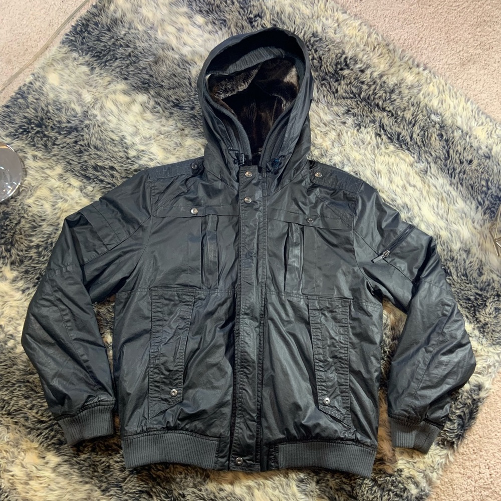 Men’s Large INC Full Zip Fur Lined Double Layers Hooded Jacket Black
